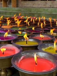 Close-up of lit tea light candles in building