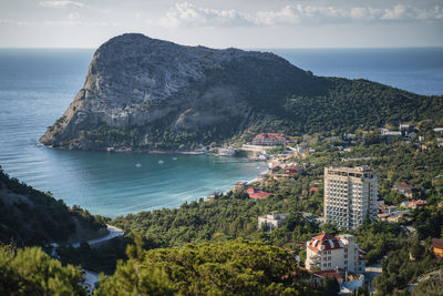 High angle view of bay against sky