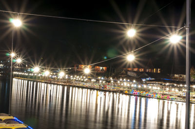 Illuminated lights by river against sky at night