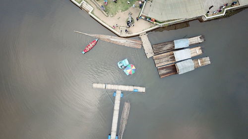 High angle view of boats moored n river