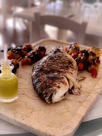 High angle view of food served on table