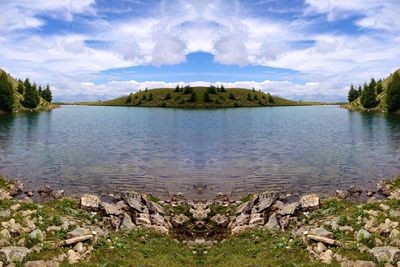 Scenic view of lake against cloudy sky