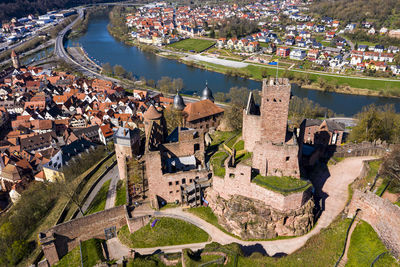 High angle view of buildings and houses in city