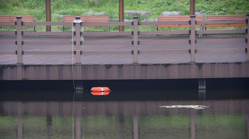 Reflection of railing on lake