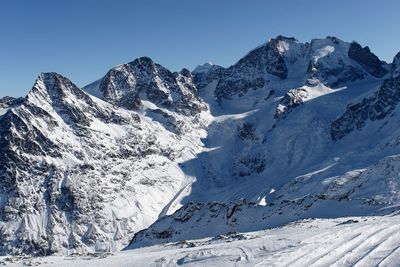 Low angle view of snowcapped mountains against clear sky