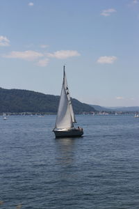 Sailboat sailing on sea against sky