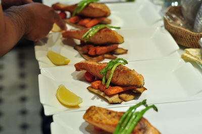 Close-up of food served on table