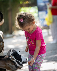 Cute girl feeding goat while standing outdoors