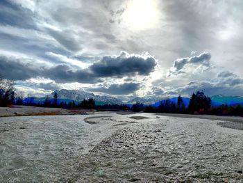 Scenic view of landscape against sky during winter