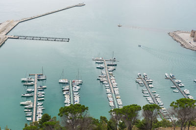 High angle view of boats sailing in sea
