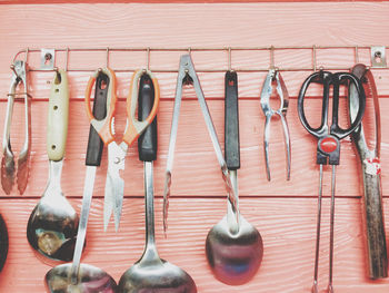 Clothes hanging on table against wall