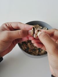 Close-up of man holding peanut 