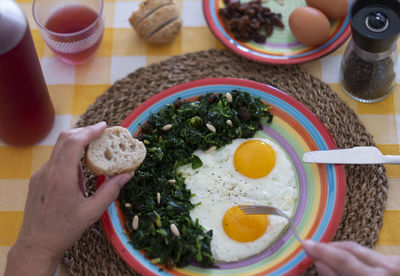 High angle view of man having breakfast