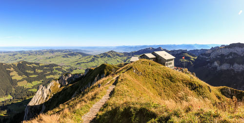 Panoramic view of landscape and mountains against clear blue sky