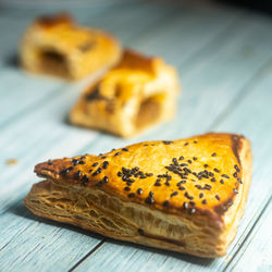 High angle view of bread in plate on table