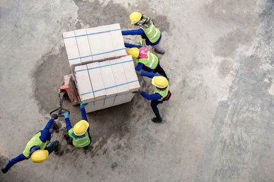 High angle view of men working