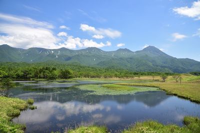 Scenic view of lake and mountains against sky