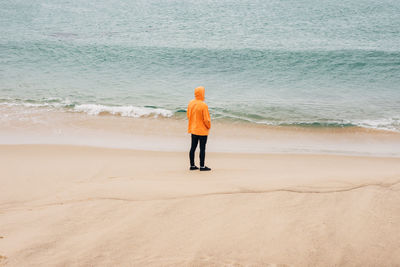 Rear view of woman standing on beach