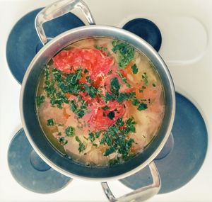 High angle view of soup in bowl on table