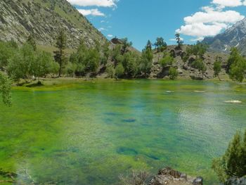 Scenic view of lake with mountains in background