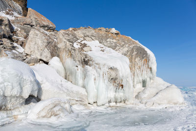 View of rocks against clear sky during winter