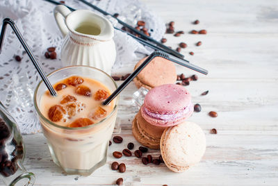 High angle view of dessert on table