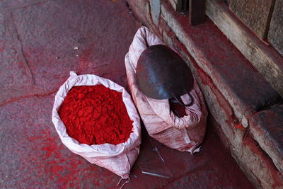 High angle view of red chili peppers for sale in market