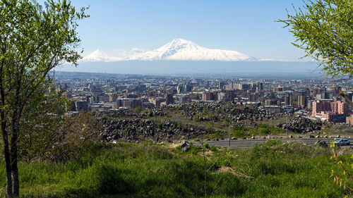 A beautiful view of mountain ararat and city yerevan.