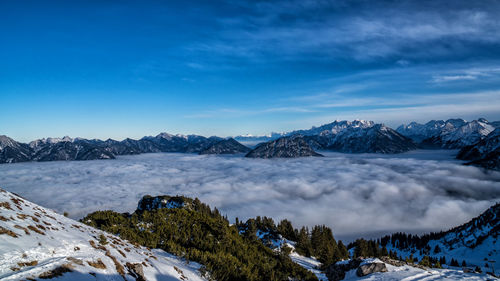 Scenic view of snow covered mountains against sky