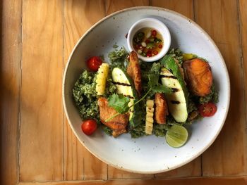 Directly above shot of salad in bowl on table