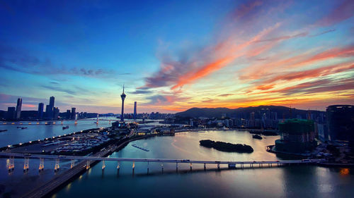 Scenic view of river by buildings against sky at sunset