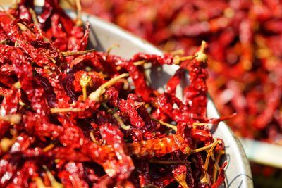 Close-up of red chili peppers for sale in market