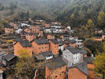 High angle view of houses in town