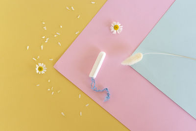 High angle view of pink flower on table