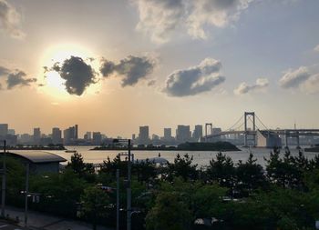 Scenic view of buildings against sky during sunset