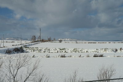 Snow covered landscape against sky