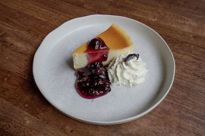 High angle view of dessert in plate on table