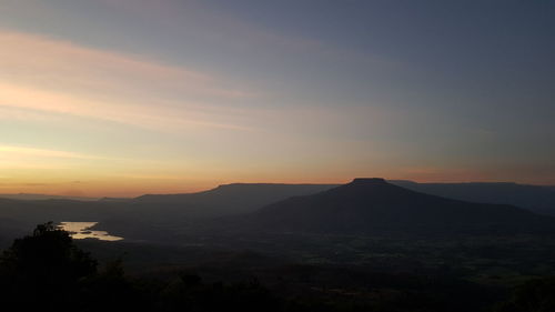 Scenic view of silhouette mountains against sky during sunset
