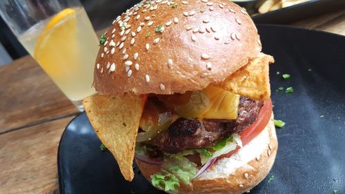 Close-up of burger on table