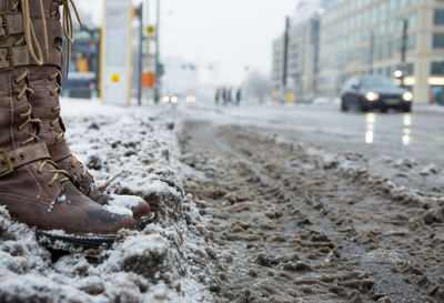 Slush in winter in a city