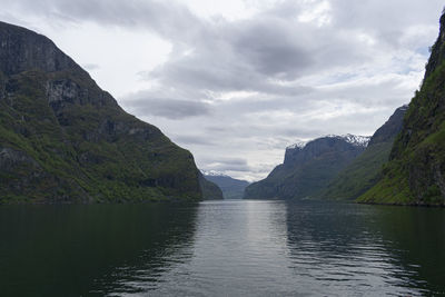 Scenic view of lake and mountains against sky