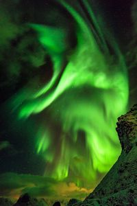 Green landscape against sky at night