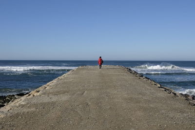 Rear view of woman standing on pier at beach against sky