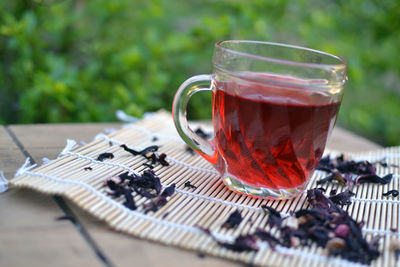 Close-up of tea in glass on table