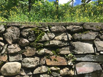 Stone wall by rocks against trees