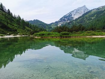 Scenic view of lake and mountains against sky