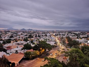 High angle shot of townscape against sky