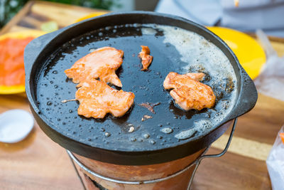 High angle view of meat in plate on table