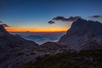 Scenic view of mountains against sky during sunset