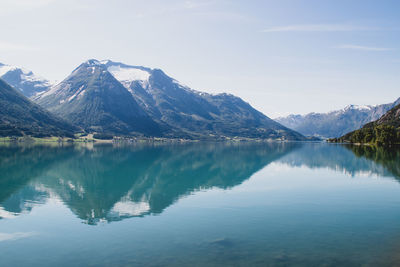 Scenic view of lake and mountains against sky